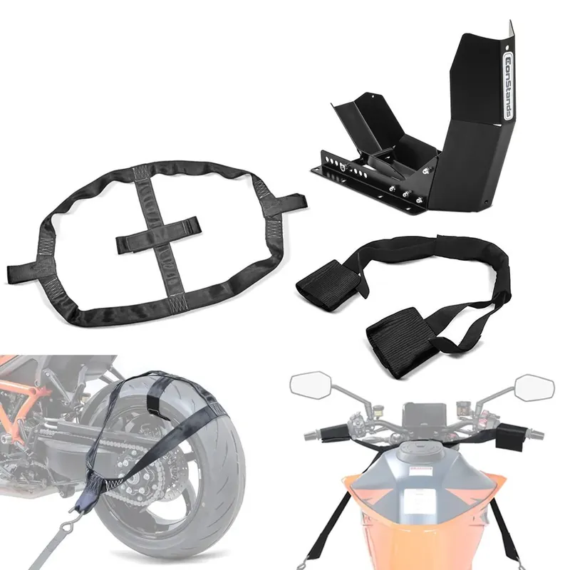 Finale Uitverkoop Set Bevestigingsriem voor stuur en achterwiel + Motorfiets Transportstandaard Easy-Fix tot 21 inch ConStands zwart