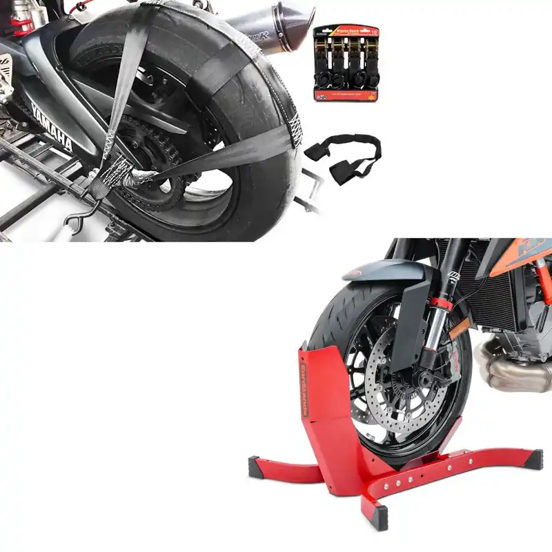 Finale Uitverkoop Set: Spanriem vor motor achterwiel en stuur met 4x spanbanden Constands + Motor inrijklem Easy-Plus Paddockstand Voorwiel tot 21 Inch