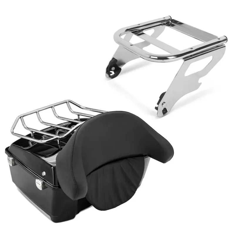 Set: Top Case passend voor Harley Davidson Touring 97-13 Topkoffer Craftride Large met bagage-grill zwart + Bagagedrager Rack TP 2-Up afneembaar passend voor Harley Davidson Touring 97-08 chroom Craftride Beperkt Aanbod