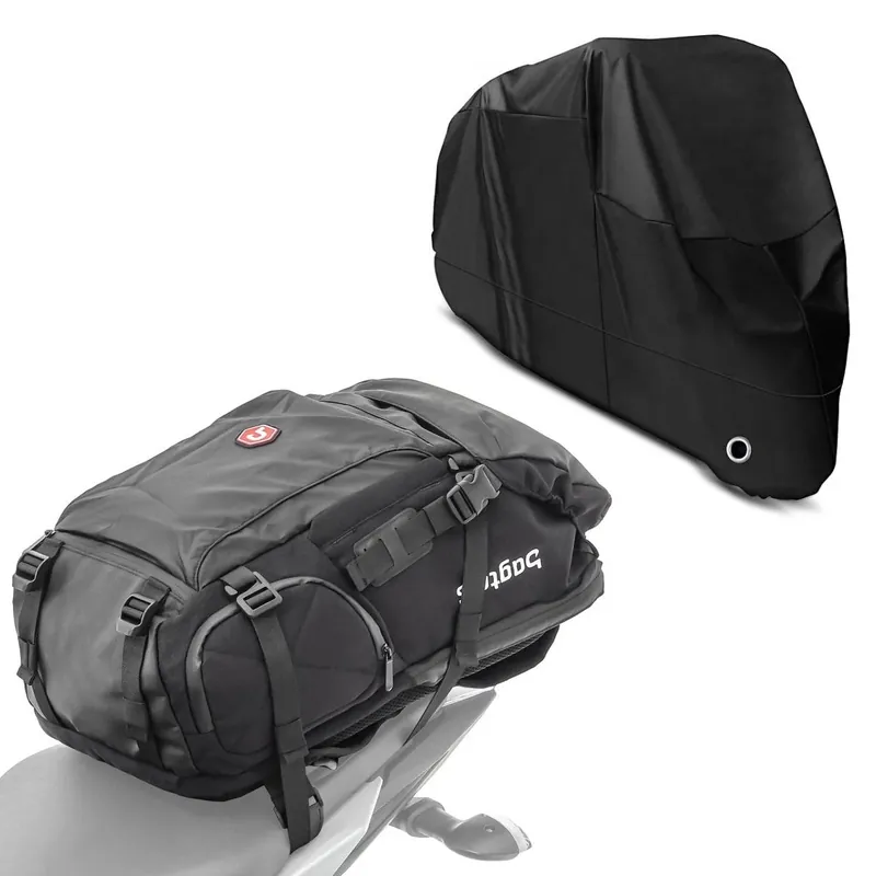 Bestel Nu Set: Motor rugzak HX5 Achtertas waterdicht met helmhouder 45Ltr + Motorfiets zeildoek XL Motor Hoes Outdoor in