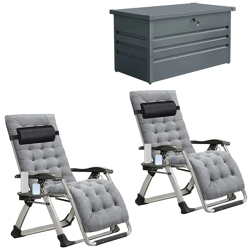 2x Tuinstoel opklapbare SR11 ligstoel ligstoel met metalen kussen grijs + Metalen buitenopbergbox AB5 tuinkist afsluitbaar 350 liter Bestseller