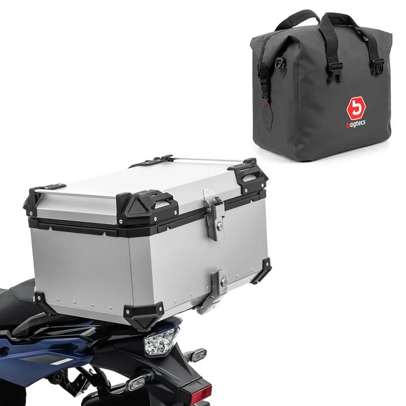 Set Motor aluminium topkoffer 65L + binnentas Dry Bag Bagtecs XB65 zilver Flitsaanbieding