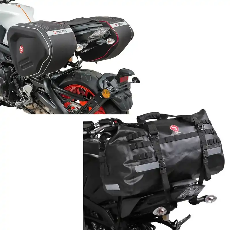 Populair Set: Zadeltassen RF1 40-60 Liter Volumen Motor Zijtassen + Motor Buddyseat Tas XB50 Dry Bag Waterbestendig Volumen 50l