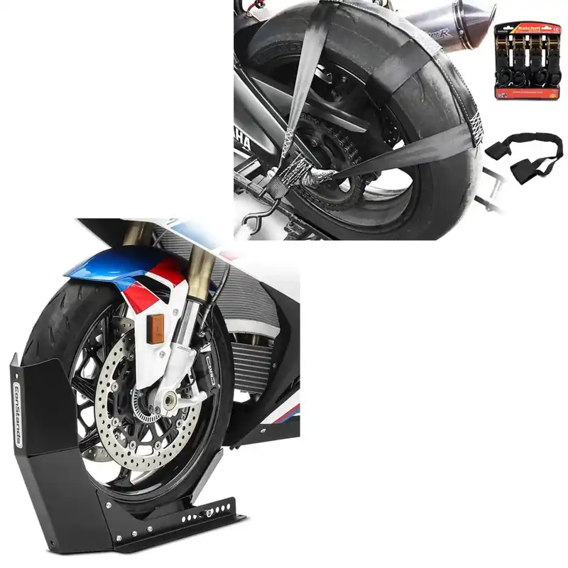 Uitverkoop Set: Spanriem vor motor achterwiel en stuur met 4x spanbanden + Inrijklem Motorsteun Transport wip Easy-Fix