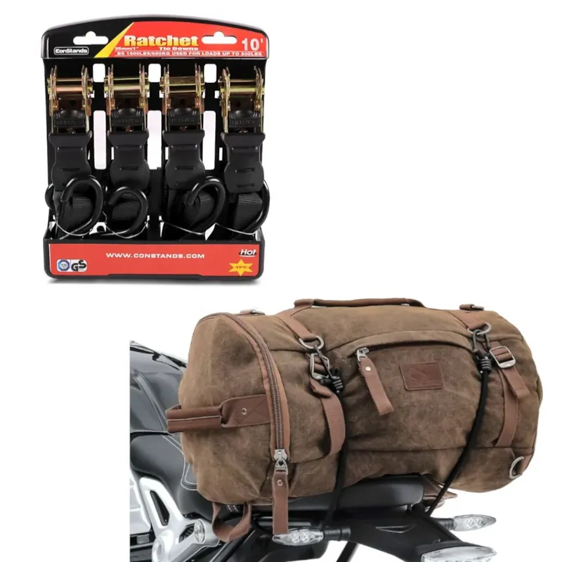 Beperkt Aanbod Set: Motor Buddyseat Tas Vintage 25L Canvas Rugzak Bagagerol achtertas bruin + Motorfiets Spanband Set met ratel en haak incl 4x lastlussen in