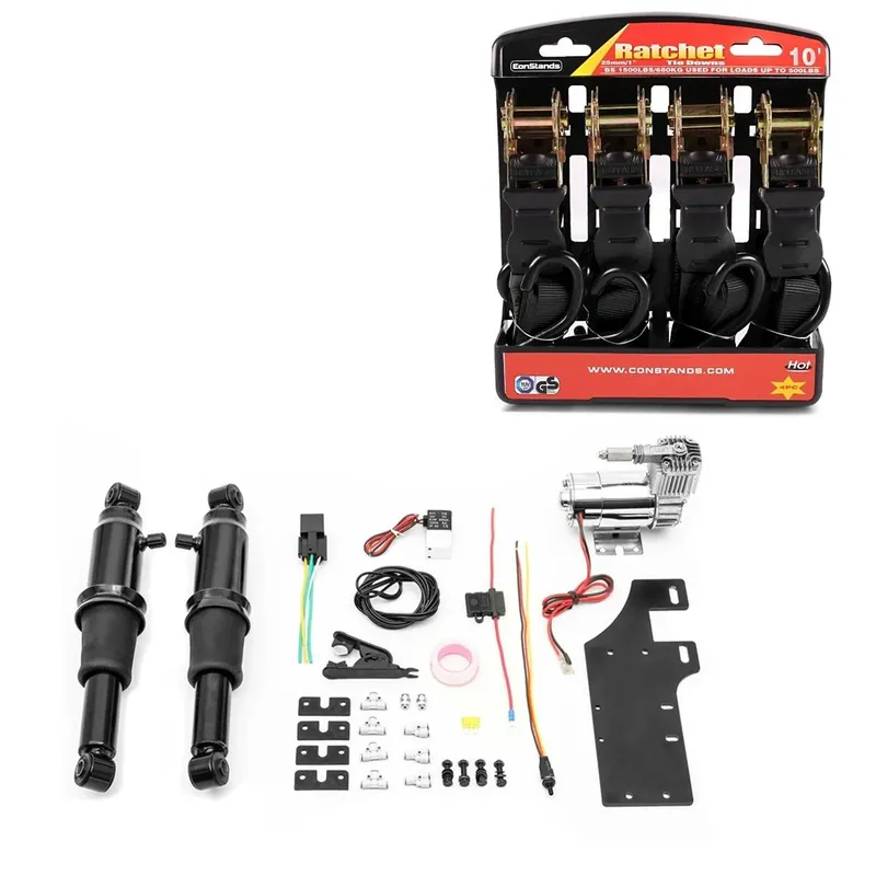 Set: Luchtvering Chassis passend voor Harley Davidson Touring 94-26 Craftride Air Ride zwart + Motorfiets Spanband Set ConStands met ratel en haak incl 4x lastlussen in zwart Exclusieve Aanbieding