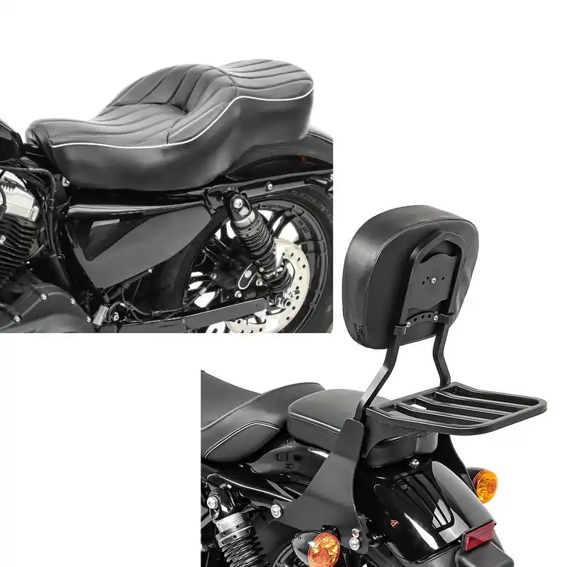 Actieprijs Set: Duo Zadel passend voor Harley Davidson Sportster 04-20 Craftride VM2 Bestuurder Passagier + Sissy Bar met Bagagedrager passend voor Harley Davidson Sportster 04-20 zwart Craftride