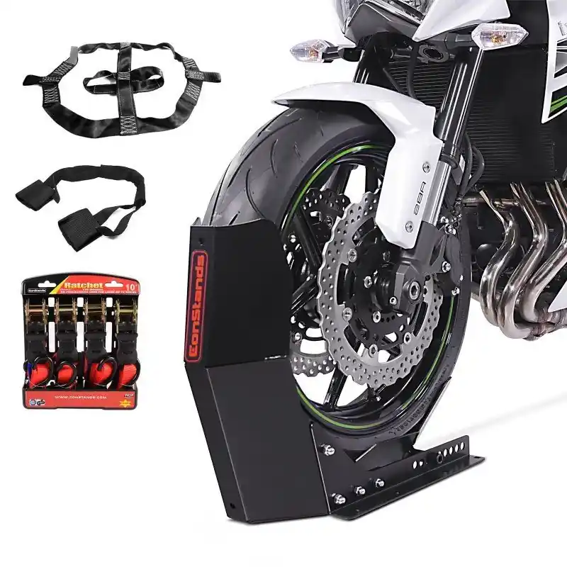 Transport set inrijklem motor voorwiel Easy Fix + spanband + spanriem ConStands zwart-rood Direct Beschikbaar