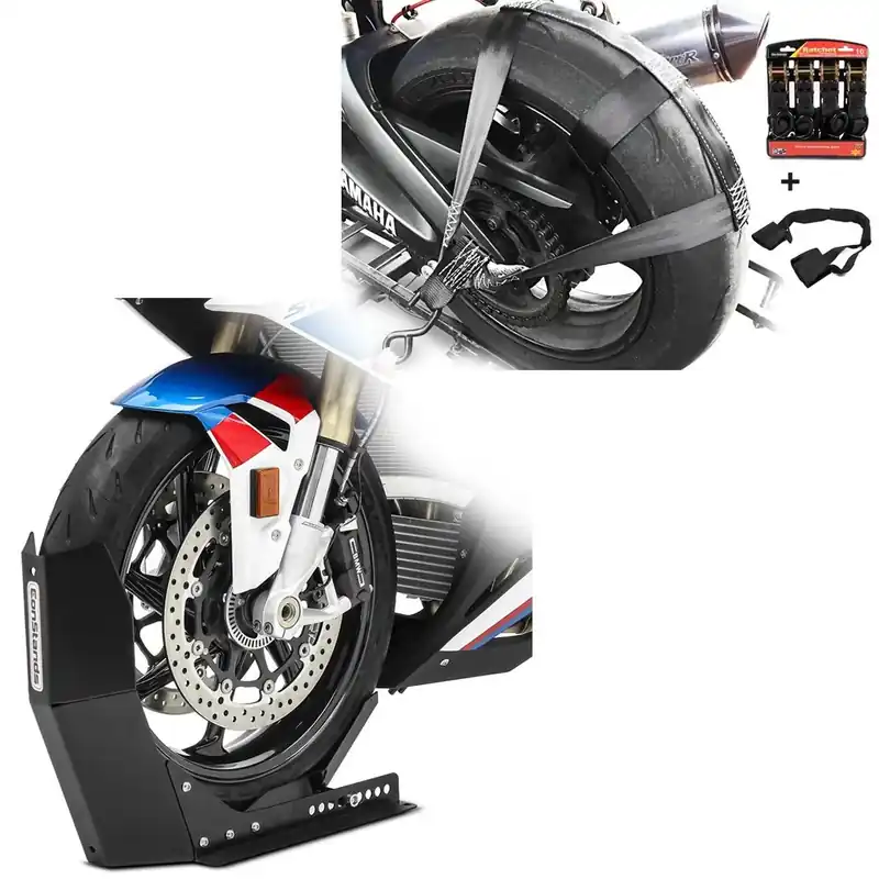 Weekendaanbieding Set: Spanriem vor motor achterwiel en stuur met 4x spanbanden + Inrijklem Motorsteun Easy Transport-Fix mat