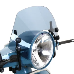 Windbescherming met zwarten Houdern Moto Nostra b=340mm, h=105mm Vespa PX80, PX125, PX150, PX200, LML 125/150 Star/Stella Grijs getint/smoke Lage Kosten