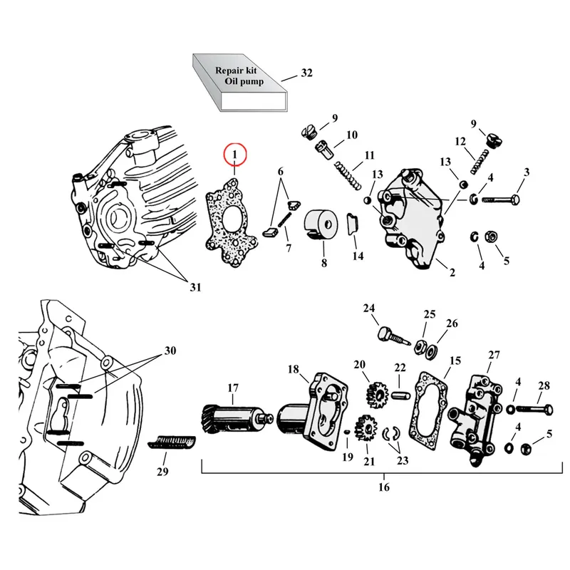 Seizoensaanbieding Onderdelendiagram oliepomp Exploded View voor Harley 45" Flathead 1) 37-59 45" SV. James gasket. side oil pump. Replaces OEM 26244-37